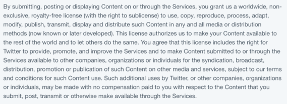 Screenshot of https://twitter.com/en/tos#usContent starting from "By submitting, posting or displaying Content..."