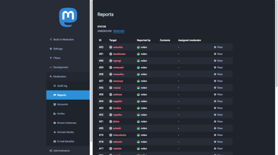 Screenshot of a list of reports in the Mastodon moderation UI