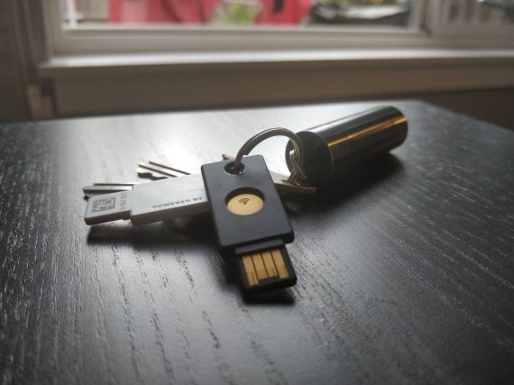 Photo of my YubiKeys on a keychain on a table