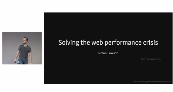 Photo of me delivering the talk "Solving the web performance crisis", a talk I gave on web performance