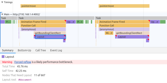 Chrome Dev Tools screenshot of layout thrashing, showing two pointermove events with large Layout blocks and the text "Forced reflow is a likely performance bottleneck"