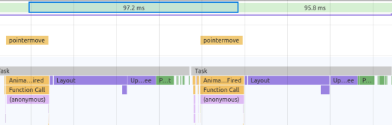 Chrome Dev Tools screenshot showing one pointermove per frame and large layout blocks with no "forced reflow" warning