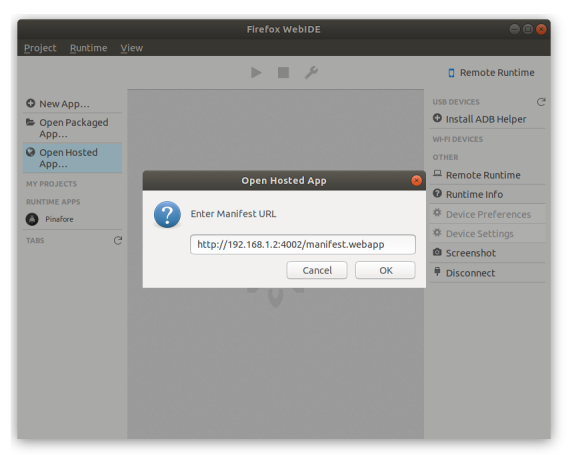 Screenshot of WebIDE showing a local manifest URL entered into the Hosted App popup