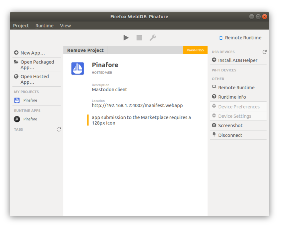 Screenshot of WebIDE showing Pinafore as a hosted app