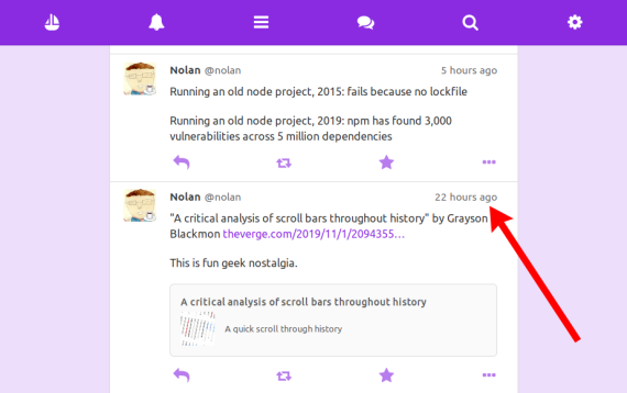 Screenshot of Pinafore timeline showing a post from me with an arrow pointing to the timestamp
