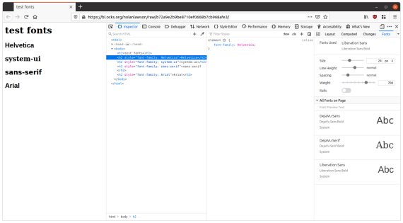 Screenshot of Firefox DevTools showing the "fonts used" section