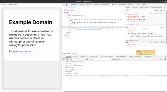 Screenshot of debugging example.com in iOS Safari in Chrome DevTools on Linux, showing some iOS-specific APIs in the console