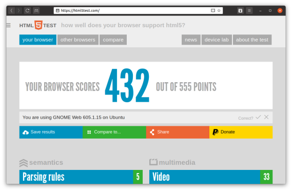 Screenshot of Gnome Web on HTML5Test showing a score of 432
