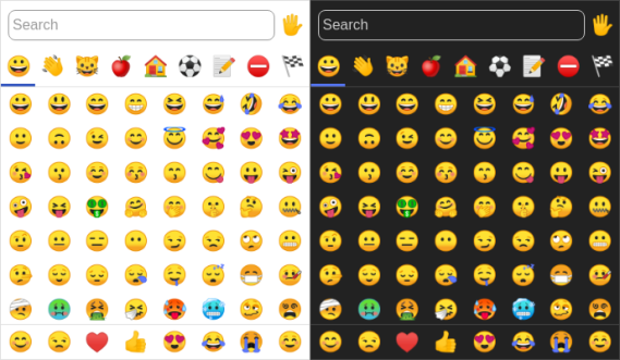 Screenshot of emoji-picker-element, an emoji picker, in light and dark mode, with grids of emoji faces