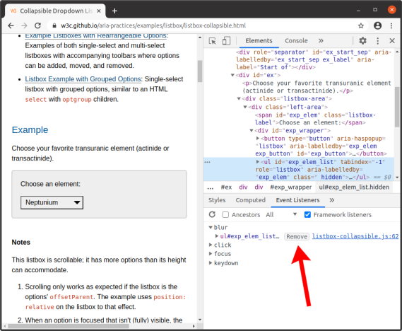 Screenshot of Chrome DevTools on the W3C collapsible listbox example, showing an arrow pointing at the "remove" button in DevTools next to the "blur" listener in the Event Listeners section
