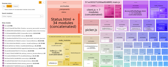 Screenshot of Webpack Bundle Analyer showing a list of modules and sizes on the left and a visual tree map of modules and sizes on the right, where the module is larger if it has a greater size, and modules-within-modules are also shown proportionally