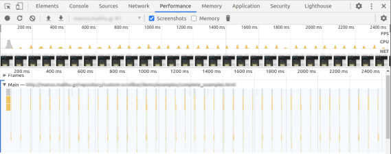 Screenshot of Chrome DevTools showing little peaks of yellow JavaScript usage periodically in the timeline