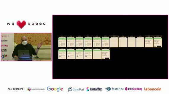 Screenshot from conference talk showing a speaker on the left and a WebPageTest filmstrip on the right. The filmstrip compares two sites: the first takes 5.5 seconds and the second takes 2.5 seconds