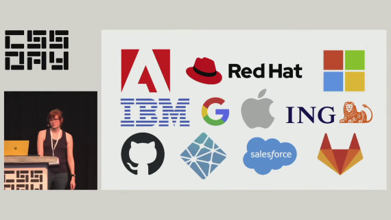CSS Day talk screenshot showing Cassondra Roberts alongside a slide showing company logos of Adobe, RedHat, Microsoft, IBM, Google, Apple, ING, GitHub, Netlify, Salesforce, GitLab
